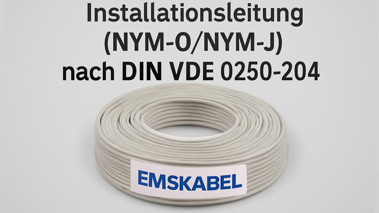 Eine weißes , zusammengerolltes NYM-J / NYM-O  Bleifreie PVC-Mantelleitung nach DIN VDE 0250-204 mit dem Emskabel-Logo davor